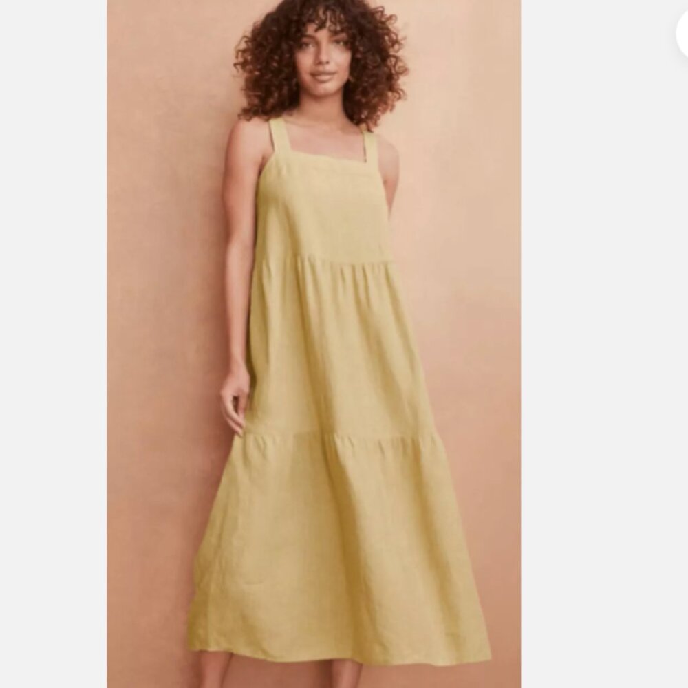 EILEEN FISHER Washed Organic-Linen Delave Tiered Tank Dress in Butter Size S